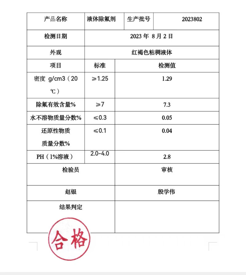 除氟剂化验报告